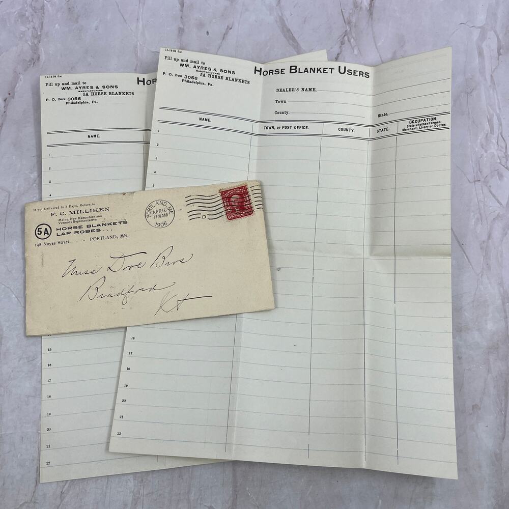 1906 F.C. Milliken Horse Blankets Lap Robes Envelope & Forms Portland ME ML1-7